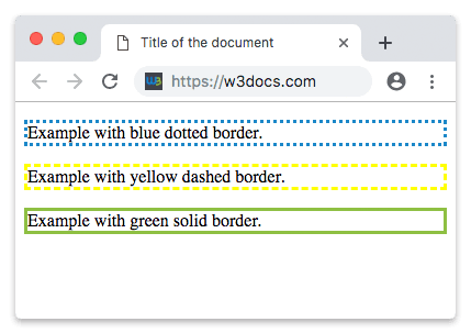 Drei Absätze mit blauem gepunktetem, gelbem gestricheltem und grünem durchgezogenem CSS-Rahmen