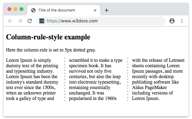 Dreispaltiges Textlayout, getrennt durch eine 5px gepunktete graue column-rule