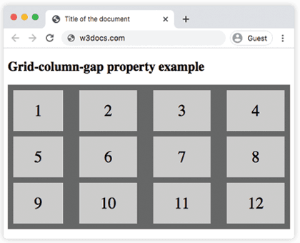 CSS grid-column-gap Eigenschaft: ein vierspaltiges Grid mit einem 30px-Abstand zwischen Spalten und einem 10px-Abstand zwischen Zeilen