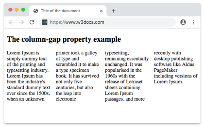 CSS column-gap Eigenschaft mit dem Wert normal, dargestellt in vier Spalten
