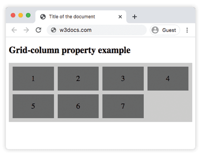 CSS grid-column Eigenschaft: Box 6 überspannt Spalten 2 bis 4 in einem Grid