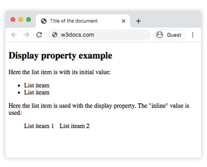 Beispiel der CSS display-Eigenschaft, das Listenelemente inline dargestellt zeigt