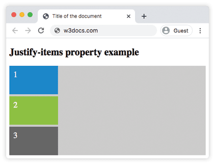 CSS justify-items start: drei Grid-Elemente am linken Rand jeder Zelle ausgerichtet
